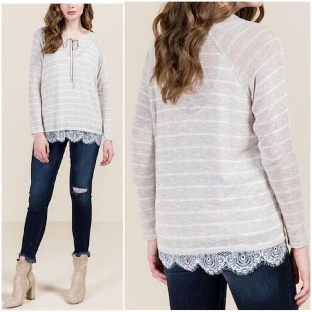 Francesca’s Alya Hacci Lace Combo Stripe Knit Top Beige Medium Comfy Pullover